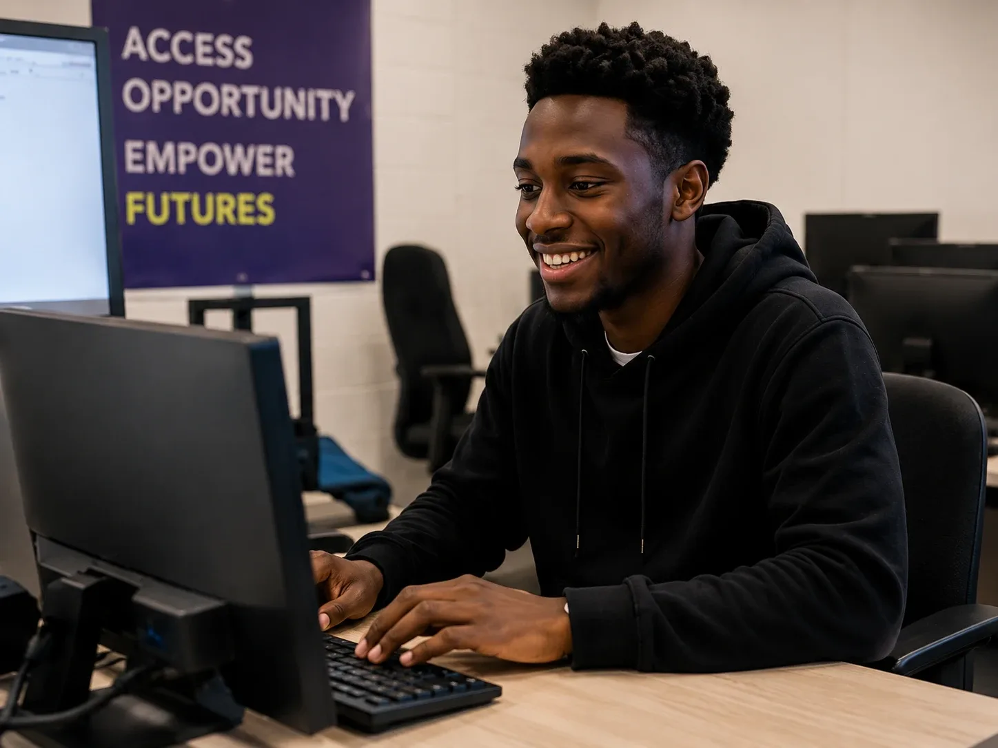 Young person accessing digital opportunity in UK classroom