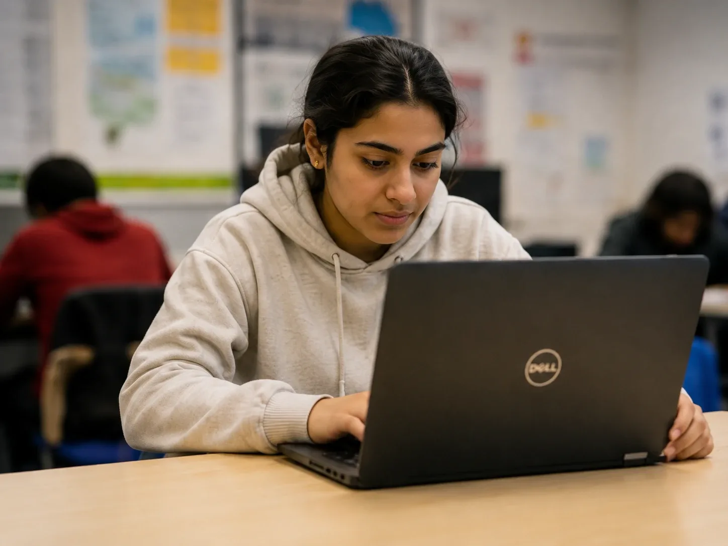 Learner studying on Dell laptop in UK classroom